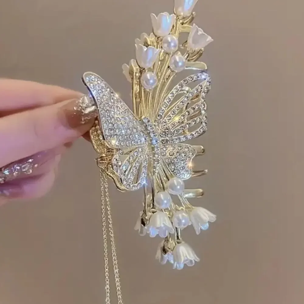 Gold Rhinestone Butterfly Hair Claw Tassel Flower Hair Accessory